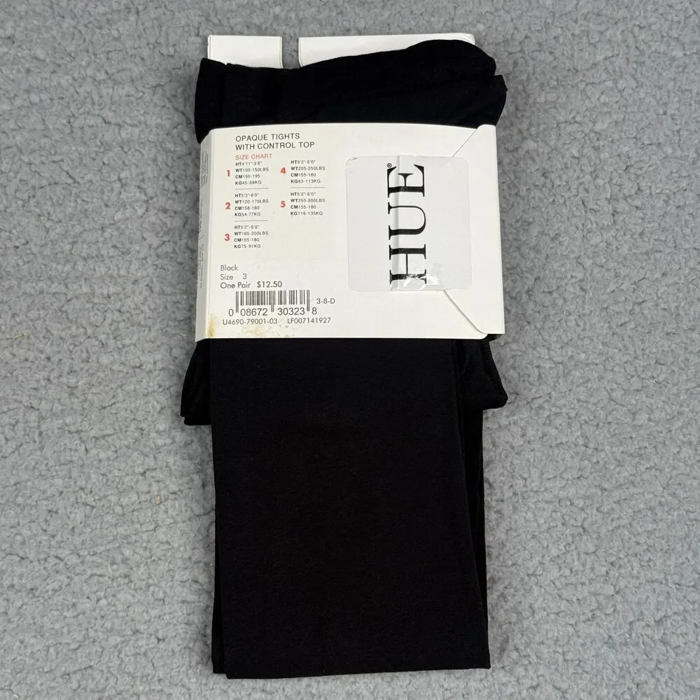 HUE Opaque Control Top Tights Womens Size 3 Black Goth Dark Academia Preppy NIP